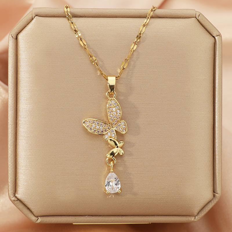 Butterfly Clasp Deployant - Kalung Titanium Baja Berlian Penuh Motif