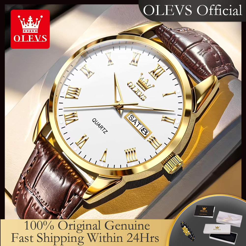 Leather Watch Band Men - Jam Tangan Quartz Original OLEVS 5892,